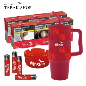 Winston Red 6XL (6 x 60er) + 4 Clipper Feuerzeuge + XXL Trinkbecher + Glas Aschenbecher