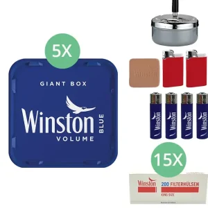 Winston Tabak Blue 5 x Giant Box mit 3000 King Size Hülsen