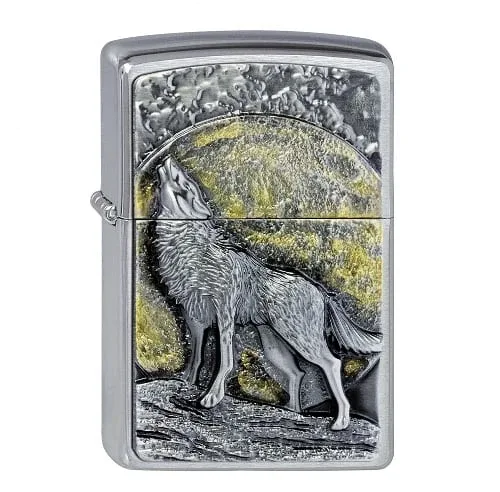 ZIPPO chrom gebuerstet Wolf at Moonlight Emblem 2003038